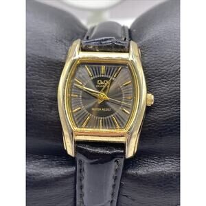 Q&Q Womens Gold Tone Black Leather Fashion Watch New Battery